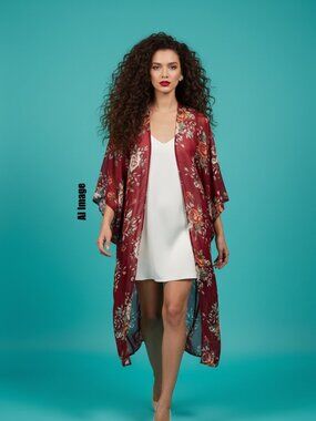 My Beloved Burgundy Floral Sheer Open Front Kimono Cardigan Size S